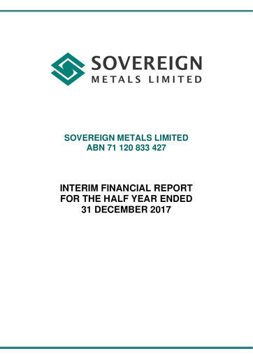 Thumbnail Sovereign Metals Financial Report 2018-h1