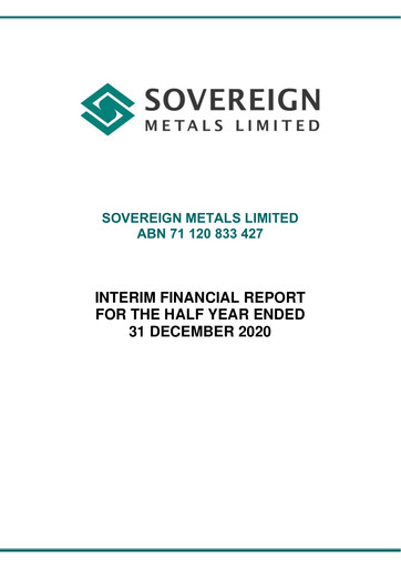 Thumbnail Sovereign Metals Financial Report 2021-h1