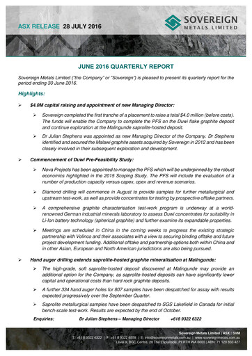 Miniature Sovereign Metals Rapport trimestriel 2016-q4