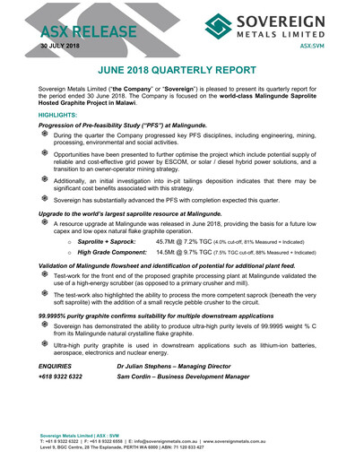Miniature Sovereign Metals Rapport trimestriel 2018-q4