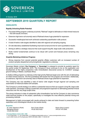 Miniature Sovereign Metals Rapport trimestriel 2019-q1