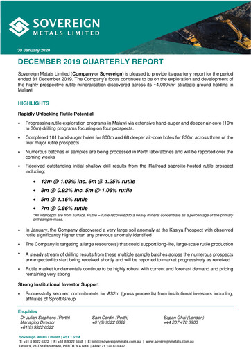 Miniature Sovereign Metals Rapport trimestriel 2019-q2