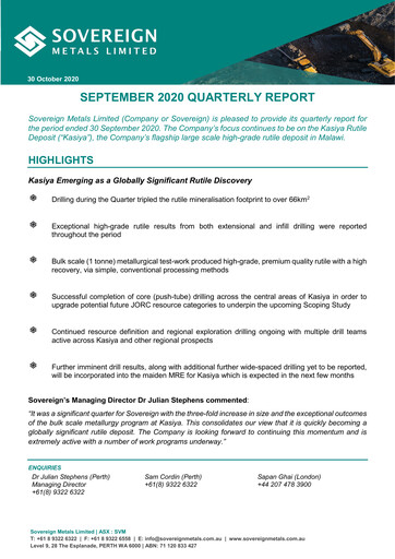 Miniature Sovereign Metals Rapport trimestriel 2020-q1