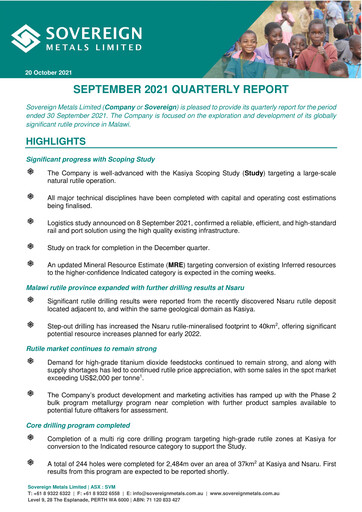 Miniature Sovereign Metals Rapport trimestriel 2021-q1