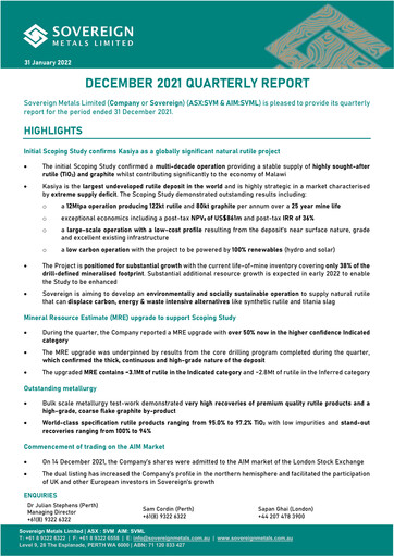 Miniature Sovereign Metals Rapport trimestriel 2021-q2