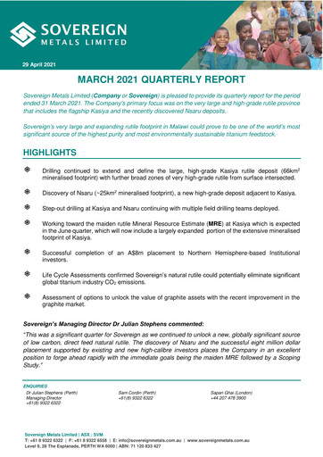 Miniature Sovereign Metals Rapport trimestriel 2021-q3