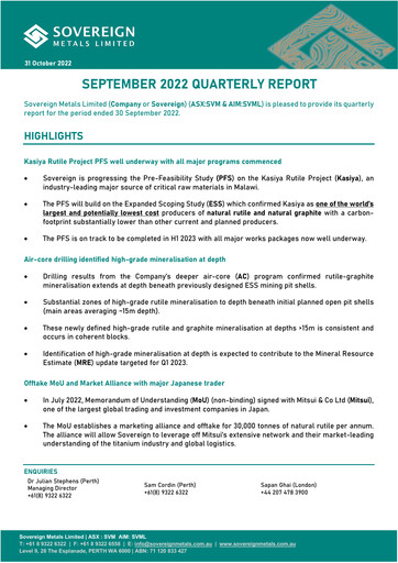 Miniature Sovereign Metals Rapport trimestriel 2022-q1