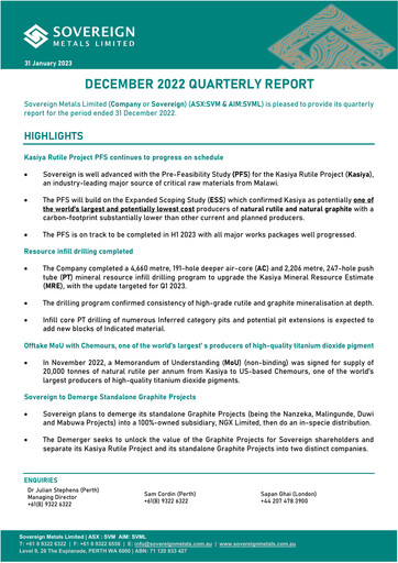 Miniature Sovereign Metals Rapport trimestriel 2022-q2