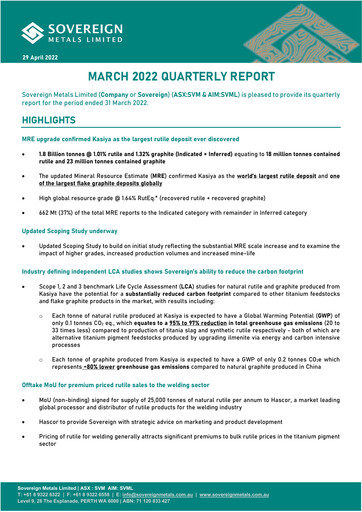 Miniature Sovereign Metals Rapport trimestriel 2022-q3