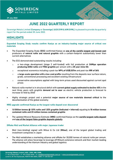 Miniature Sovereign Metals Rapport trimestriel 2022-q4