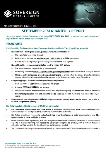 Miniature Sovereign Metals Rapport trimestriel 2023-q1