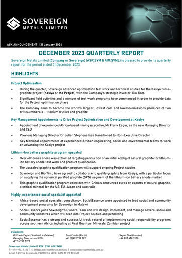 Miniature Sovereign Metals Rapport trimestriel 2023-q2