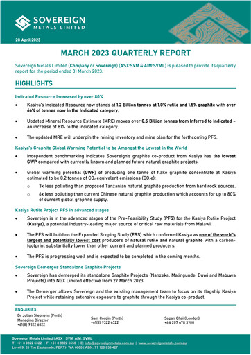 Miniature Sovereign Metals Rapport trimestriel 2023-q3