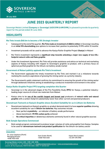 Miniature Sovereign Metals Rapport trimestriel 2023-q4