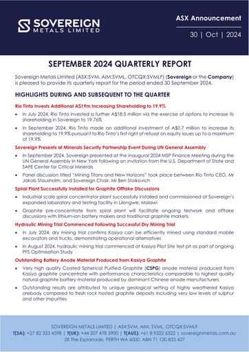 Miniature Sovereign Metals Rapport trimestriel 2024-q1