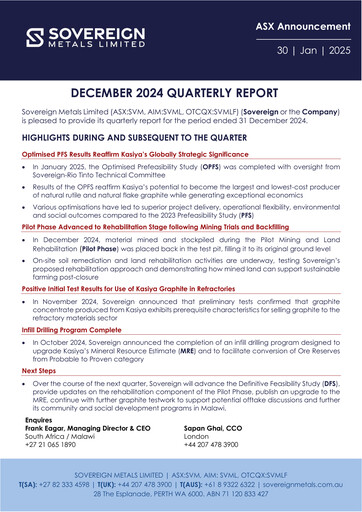 Miniature Sovereign Metals Rapport trimestriel 2024-q2