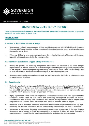 Miniature Sovereign Metals Rapport trimestriel 2024-q3