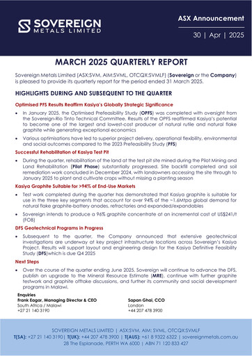 Miniature Sovereign Metals Rapport trimestriel 2025-q3