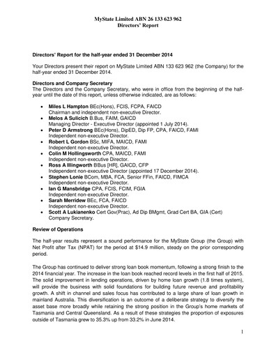 Thumbnail MyState Limited Financial Report 2015-h1