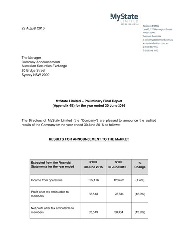 Thumbnail MyState Limited Financial Report 2016