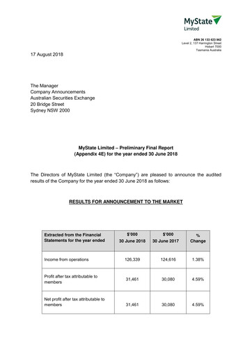 Thumbnail MyState Limited Financial Report 2018