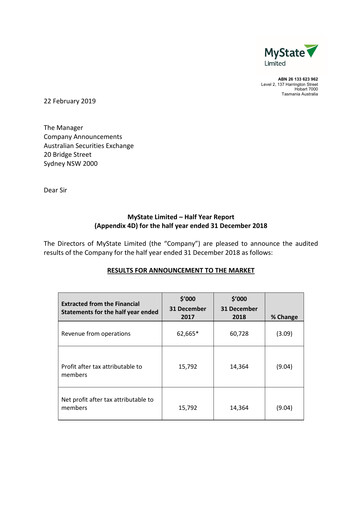 Thumbnail MyState Limited Financial Report 2019-h1