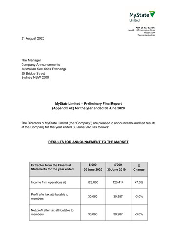 Thumbnail MyState Limited Financial Report 2020