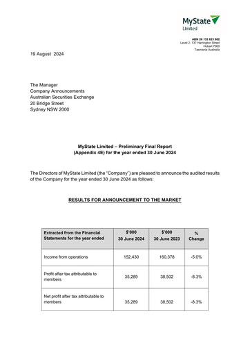 Thumbnail MyState Limited Financial Report 2024