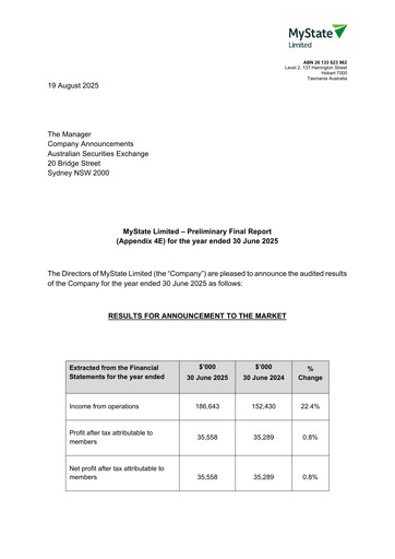Thumbnail MyState Limited Financial Report 2025