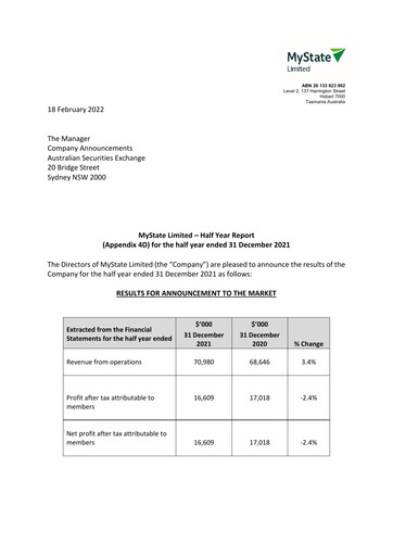 Thumbnail MyState Limited Half-year Report 2022-h1