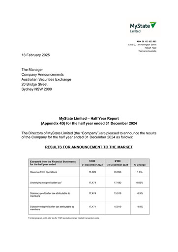 Thumbnail MyState Limited Half-year Report 2025-h1