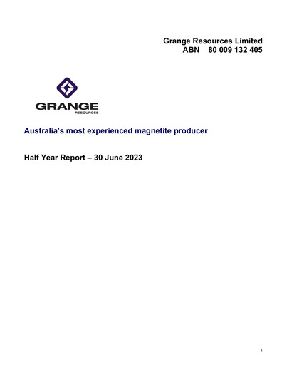Thumbnail Grange Resources Financial Report 2023-h1