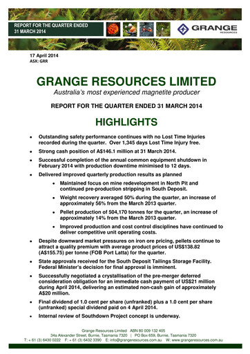 Vorschaubild Grange Resources Quartalsbericht 2014-q1