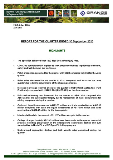 Miniature Grange Resources Rapport trimestriel 2020-q3