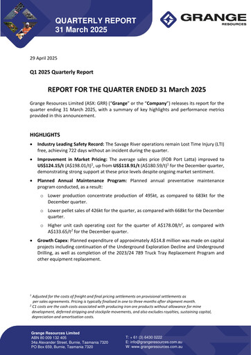 Miniature Grange Resources Rapport trimestriel 2025-q1