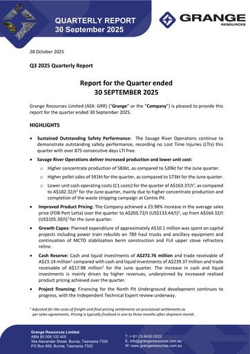 Miniature Grange Resources Rapport trimestriel 2025-q3