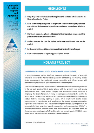 Thumbnail Arafura Rare Earths Quarterly Report 2016-q2