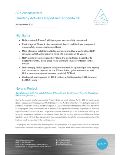 Thumbnail Arafura Rare Earths Quarterly Report 2017-q3