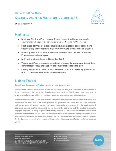 Thumbnail Arafura Rare Earths Quarterly Report 2017-q4