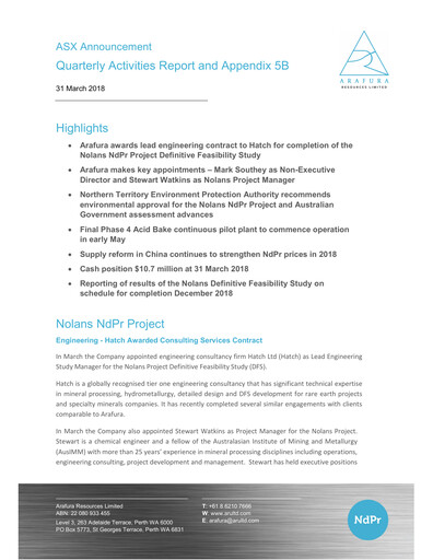 Thumbnail Arafura Rare Earths Quarterly Report 2018-q1