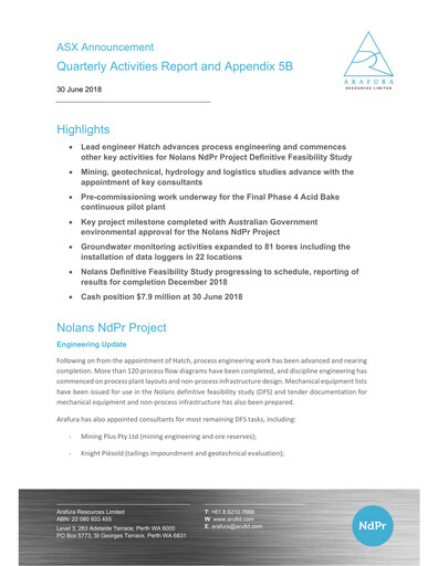 Thumbnail Arafura Rare Earths Quarterly Report 2018-q2