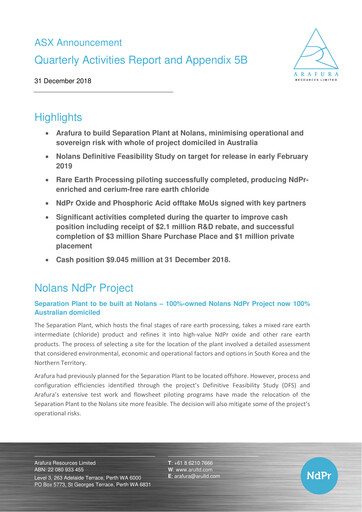 Thumbnail Arafura Rare Earths Quarterly Report 2018-q4