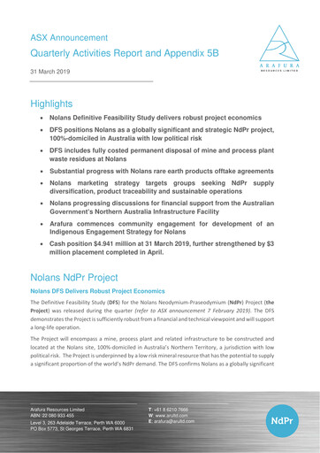 Thumbnail Arafura Rare Earths Quarterly Report 2019-q1