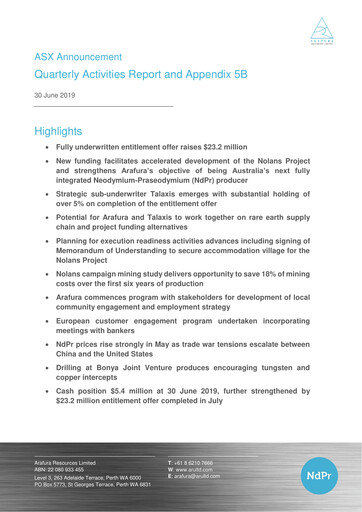Thumbnail Arafura Rare Earths Quarterly Report 2019-q2