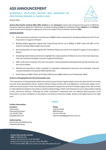 Thumbnail Arafura Rare Earths Quarterly Report 2025-q3