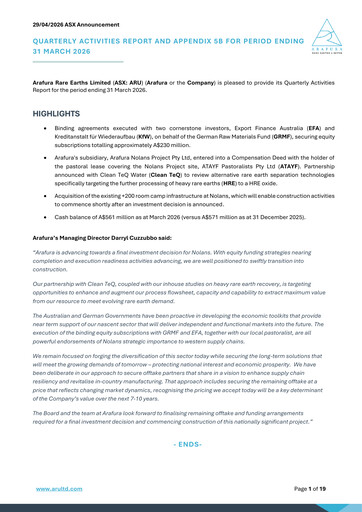 Thumbnail Arafura Rare Earths Quarterly Report 2026-q1