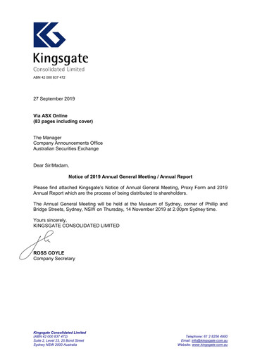 Vorschaubild Kingsgate Consolidated Limited Jahresbericht 2019