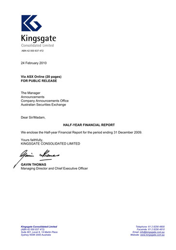 Miniature Kingsgate Consolidated Limited Rapport financier 2010-h1