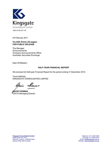 Miniature Kingsgate Consolidated Limited Rapport financier 2011-h1