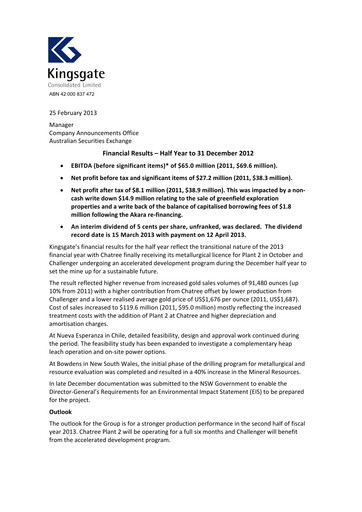 Miniature Kingsgate Consolidated Limited Rapport financier 2013-h1